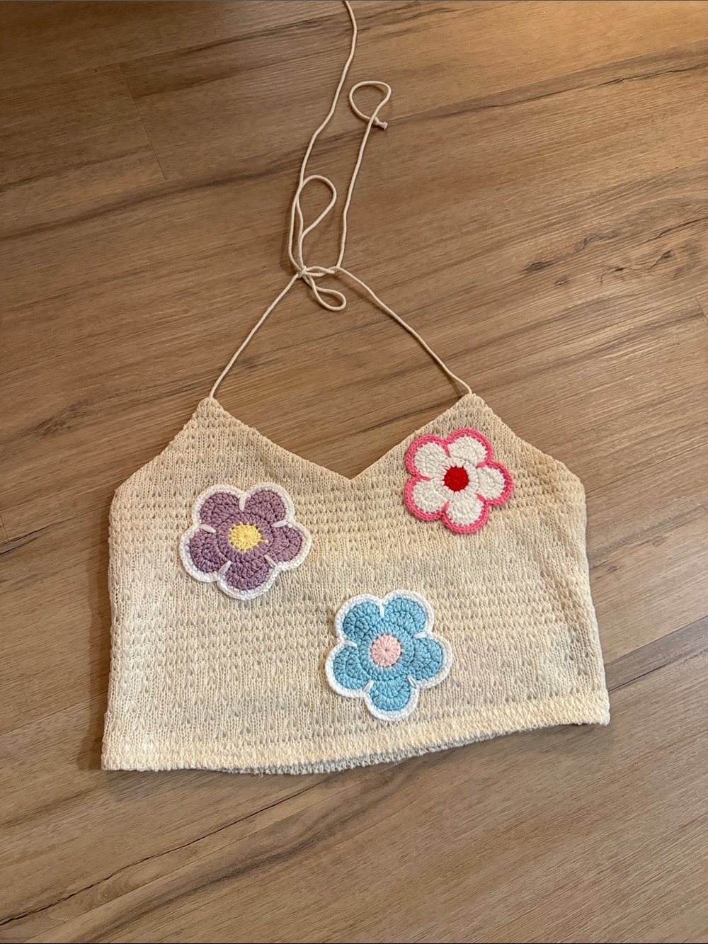 Cream Crochet Halter Top with Colorful Flower Appliqués